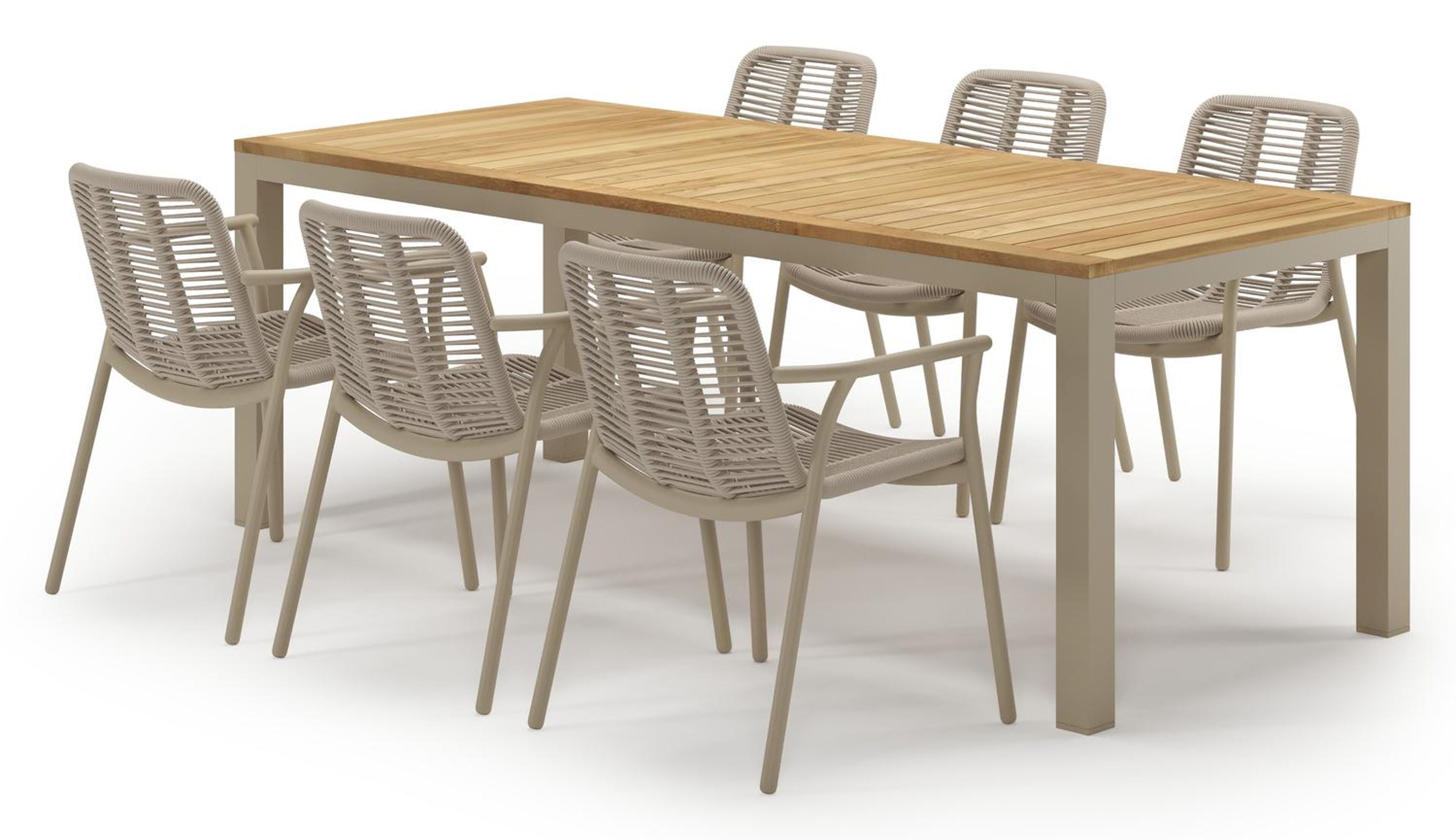 Ensemble de jardin Varese en aluminium beige et teck avec 6 chaises de jardin Berga