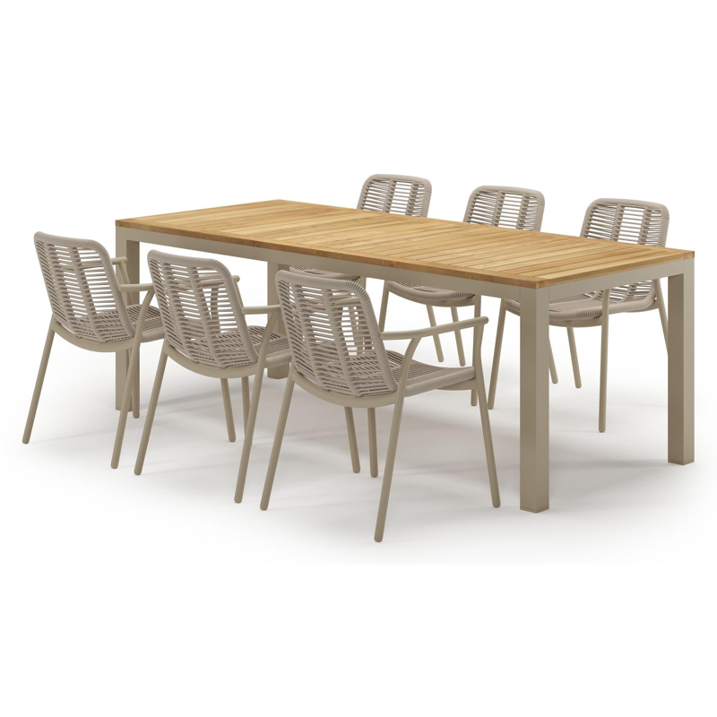 Ensemble de jardin Varese en aluminium beige et teck avec 6 chaises de jardin Berga