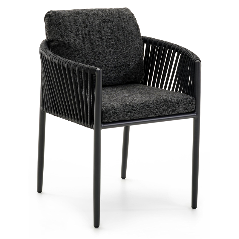 Organo tuinstoel in zwart aluminium en zwart verticaal geweven luxe vlakke rope met kussen in chartres sooty all weather sunbrella® luxe