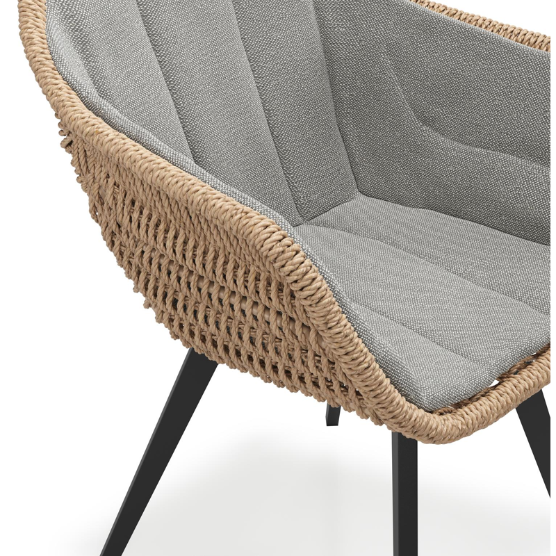 Pagino tuinstoel in zwart aluminium en naturel ronde wicker met zitkussen in All Weather Sunbrella® Luxe Savane Zinc
