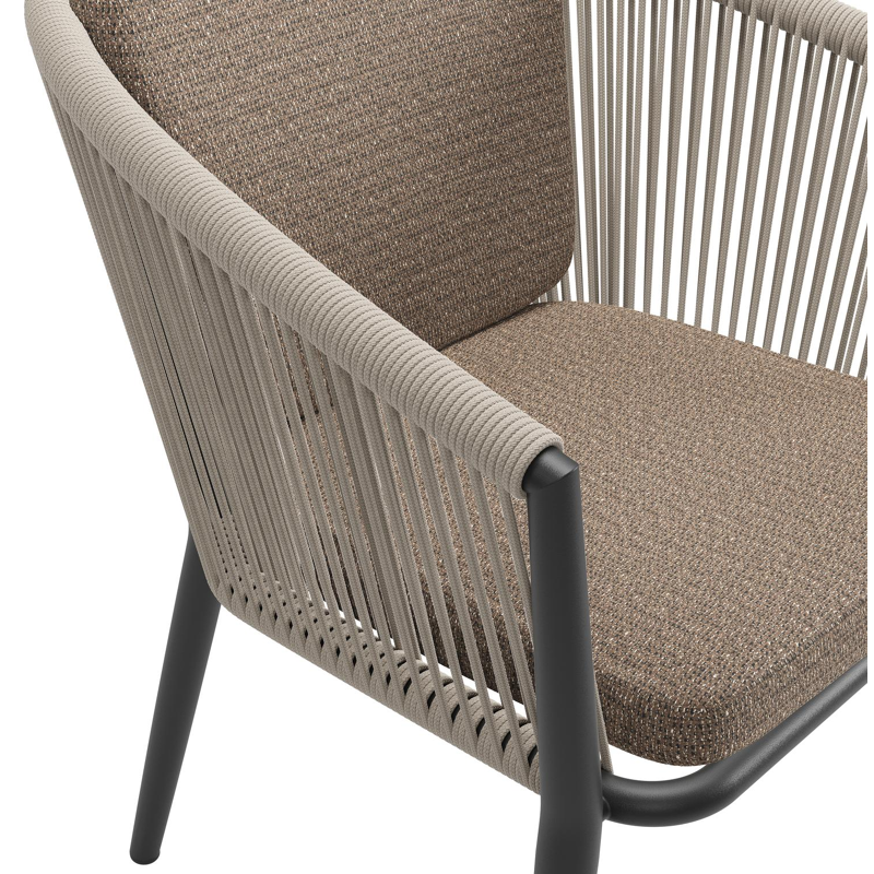 Orso tuinstoel in zwart aluminium en beige verticaal geweven ronde rope met zitkussen in All Weather Solica Firenze Bamboe