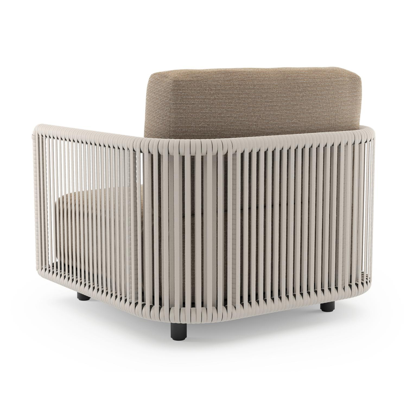 Organo loungestoel in zwart aluminium en beige verticaal geweven luxe vlakke rope met firenze earth all weather Solica kussen