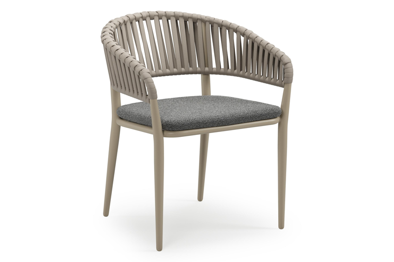 Chaise de jardin empilable Tolfa en aluminium beige et corde large plate de luxe tissée verticalement beige avec coussin en All Weather Cosytica Catania Black