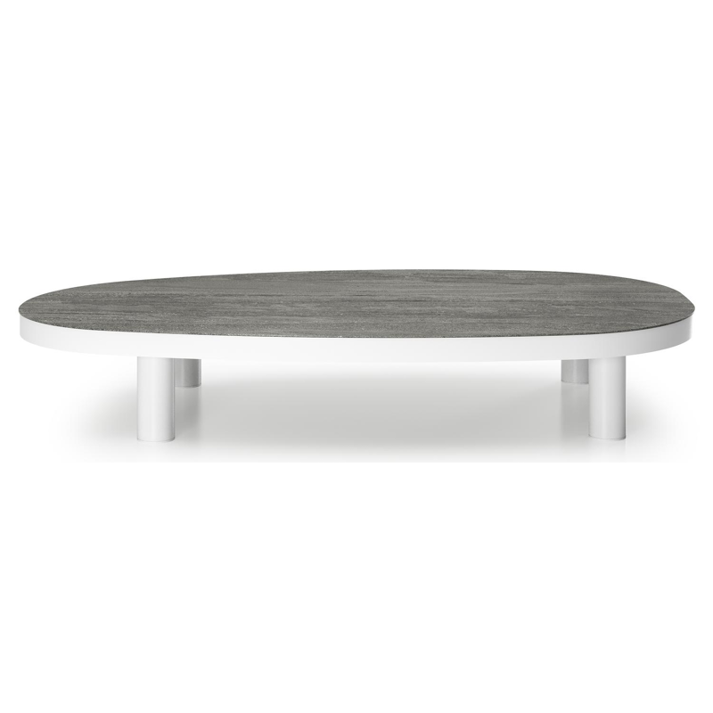 Table de basse Donato organique en aluminium blanc et céramique pleine Aspen Grey - Lg. 151 x Lrg. 90 x Haut. 25 cm
