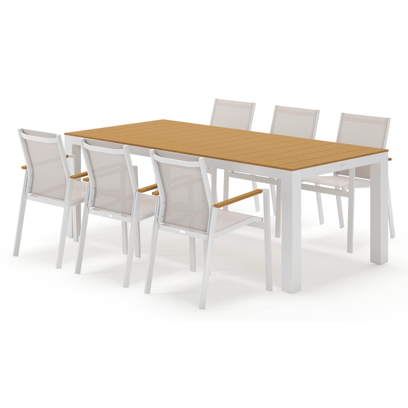 Calzo tuinset rechthoekig in wit aluminium en polywood met 6 Bahia tuinstoelen