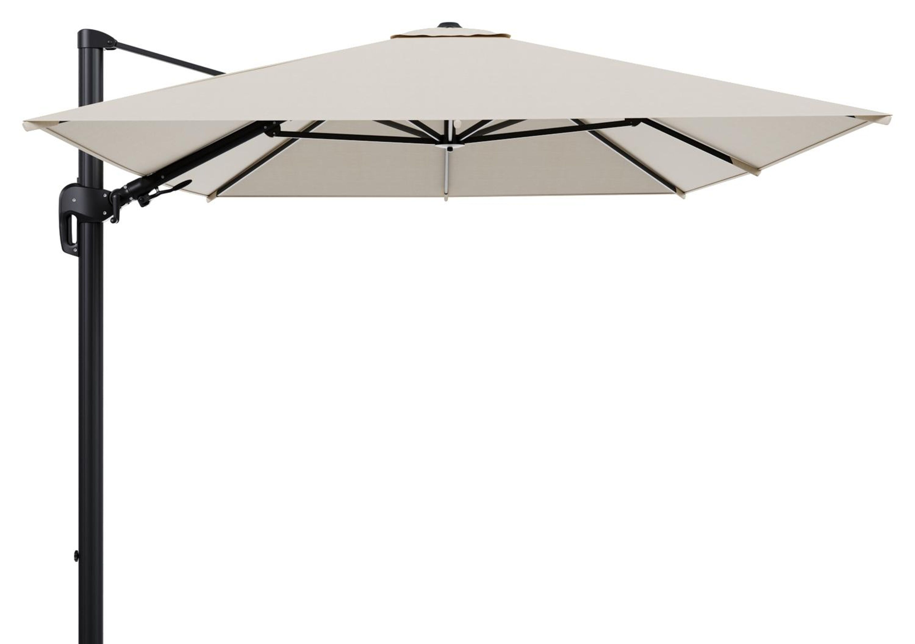Rufina zweefparasol met tiltfunctie in zwart aluminium met beige all weather sunbrella® premium parasoldoek - L1 350 x L2 250 cm (zonder voet)