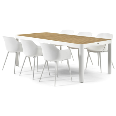 Ellara tuinset in wit aluminium en naturel polywood tafelblad met 6 Paco tuinstoelen