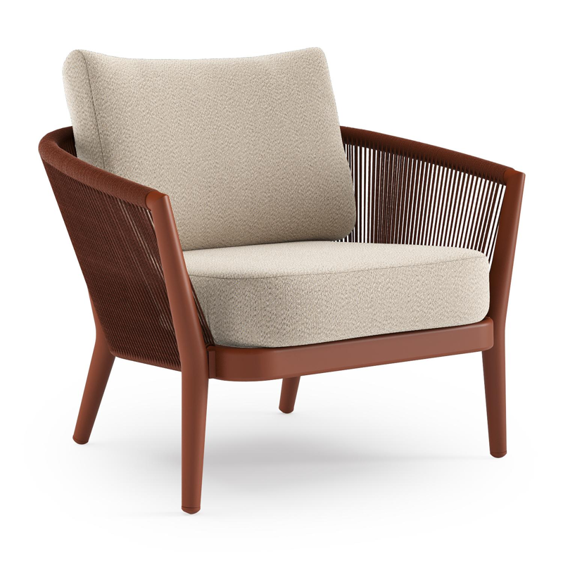 Orso loungestoel in roestbruin aluminium en roestbruin verticaal geweven ronde rope met Lopi Sand all weather sunbrella® luxe kussen