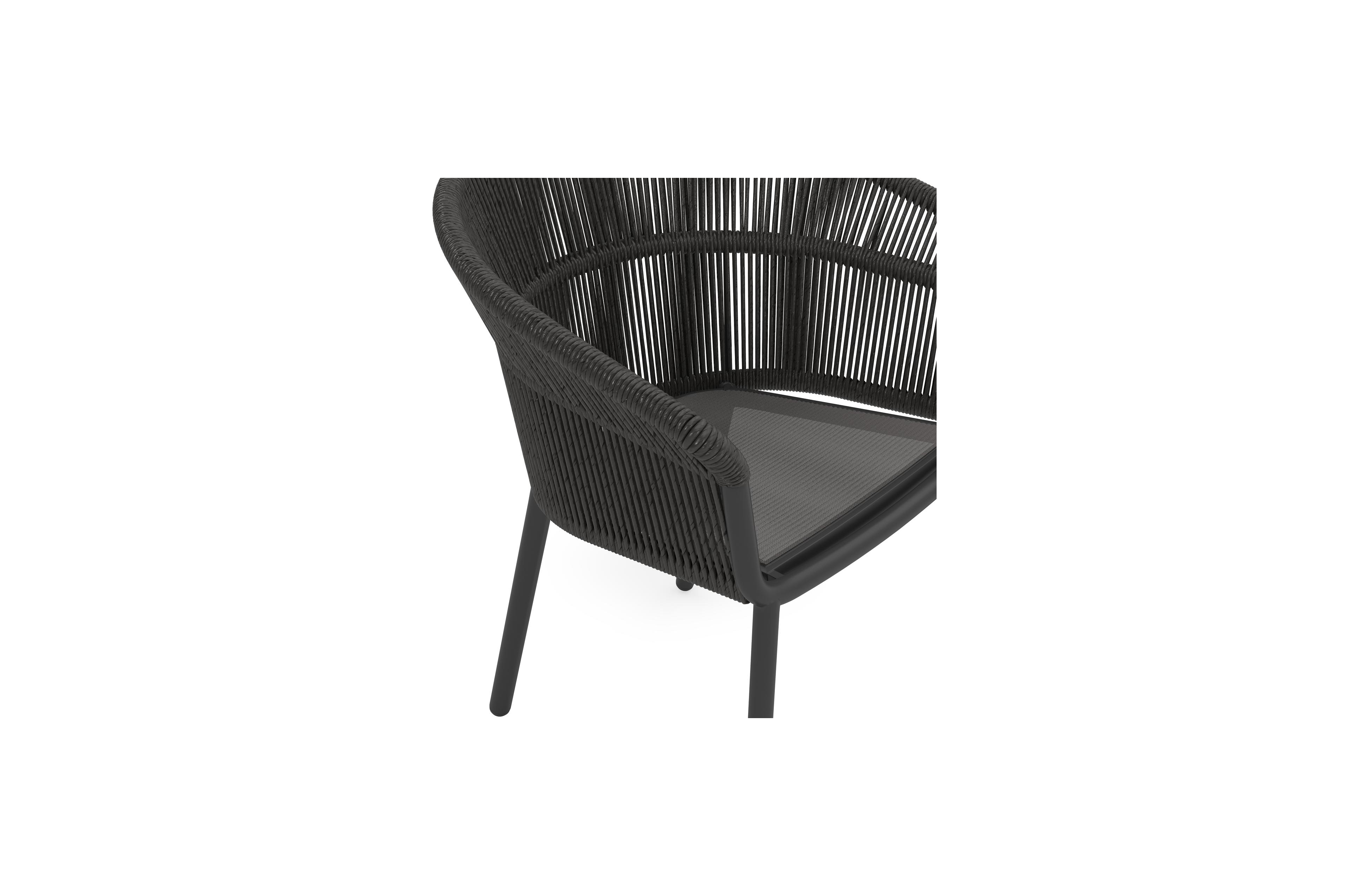 Matera stapelbare tuinstoel in zwart aluminium en zwart gedraaide ronde wicker met kussen in sky black weather+ softtouch