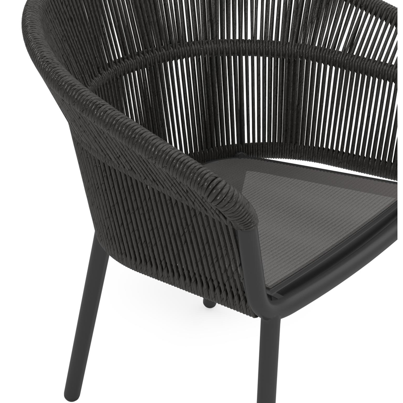 Matera stapelbare tuinstoel in zwart aluminium en zwart gedraaide ronde wicker met kussen in sky black weather+ softtouch