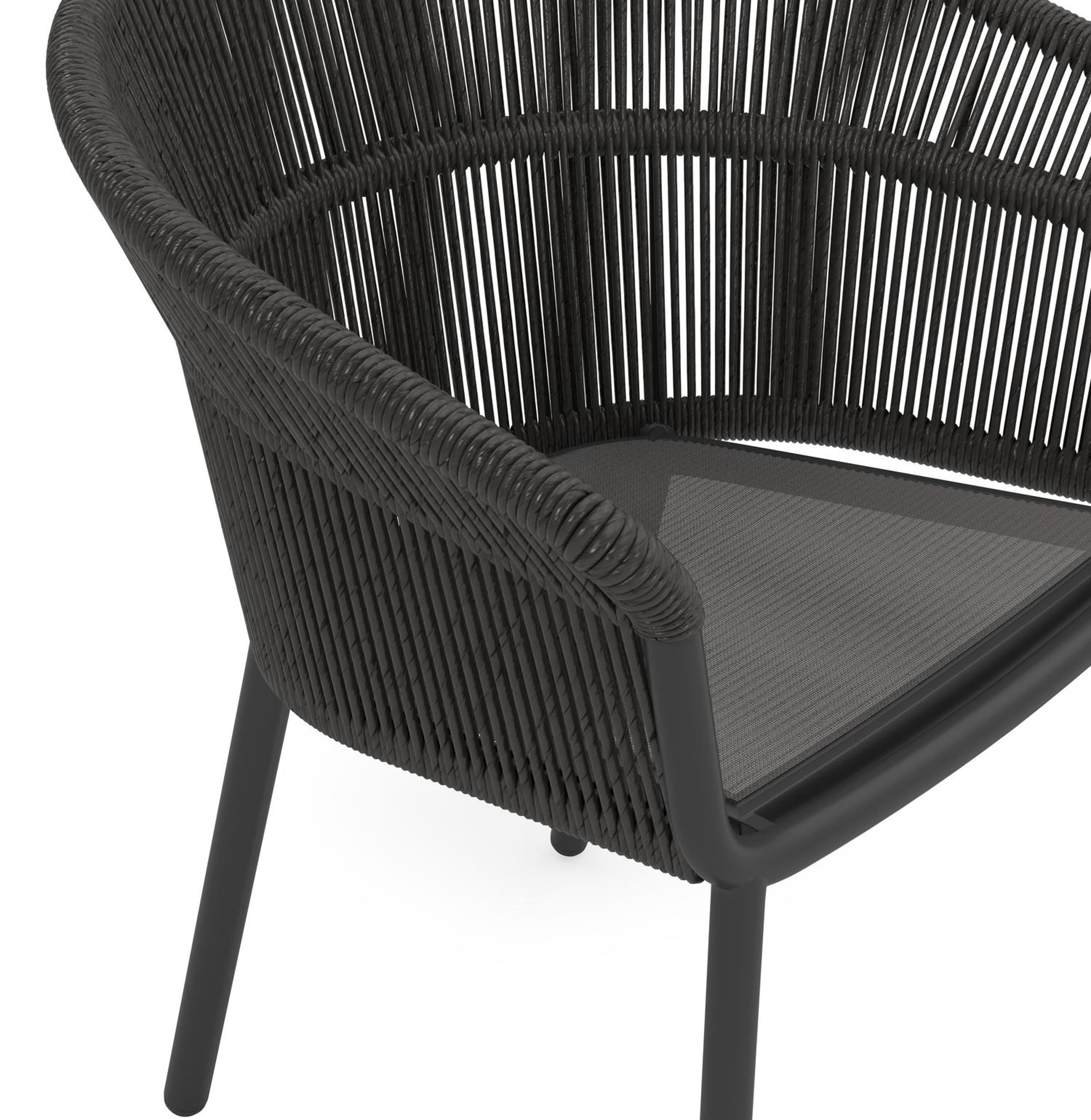 Matera stapelbare tuinstoel in zwart aluminium en zwart gedraaide ronde wicker met kussen in sky black weather+ softtouch