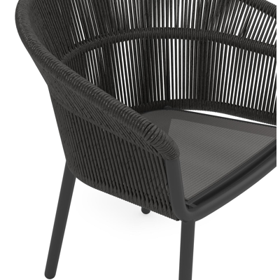 Matera stapelbare tuinstoel in zwart aluminium en zwart gedraaide ronde wicker met kussen in sky black weather+ softtouch