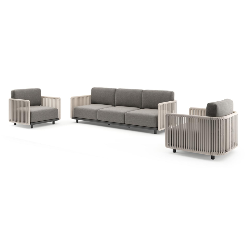 Organo loungeset in zwart aluminium en beige verticaal geweven luxe vlakke rope met chartres drizzle all weather Sunbrella® luxe kussen