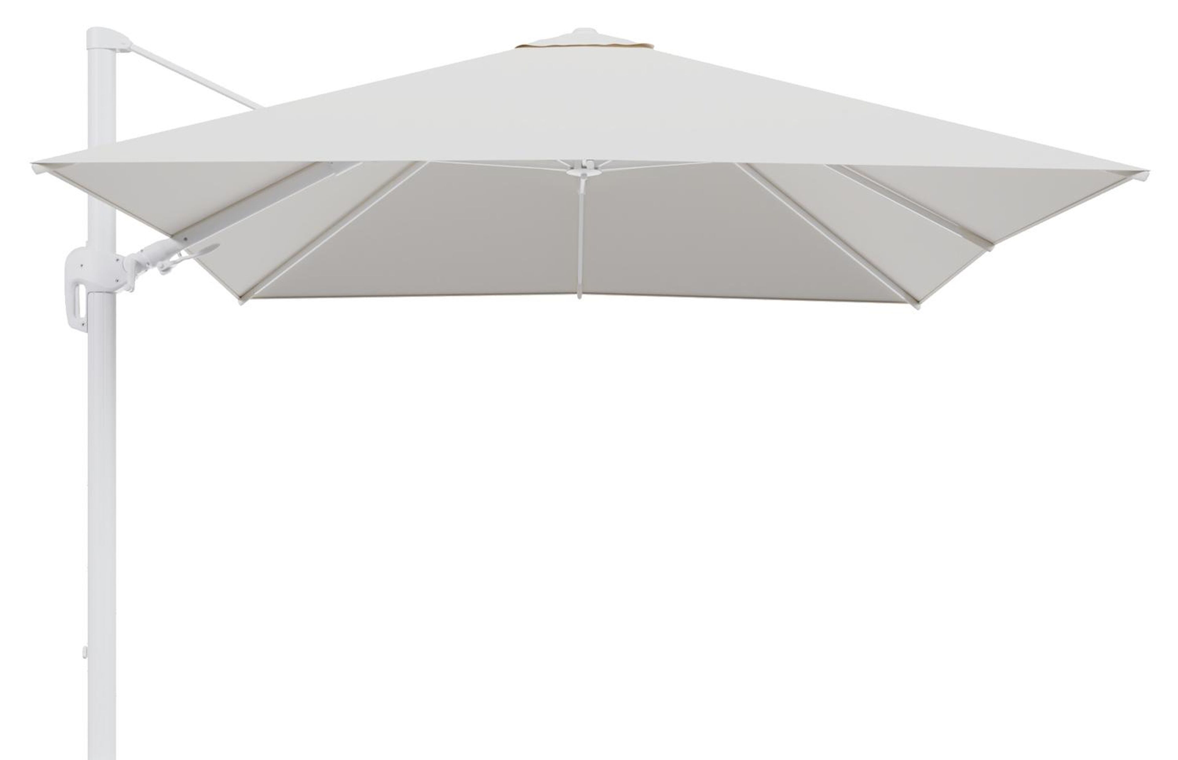 Rufina zweefparasol tiltfunctie in wit aluminium en parasoldoek in All Weather Sunbrella® Luxe Savane White  - L1 300 x L2 300 cm (zonder voet)