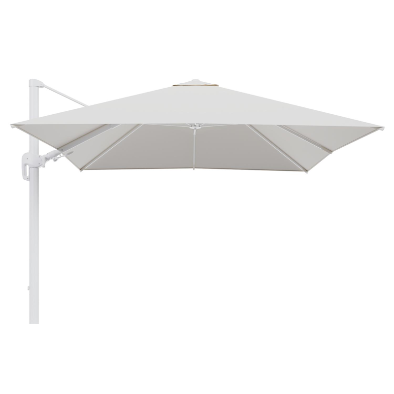 Rufina zweefparasol tiltfunctie in wit aluminium en parasoldoek in All Weather Sunbrella® Luxe Savane White - L1 300 x L2 300 cm (zonder voet)