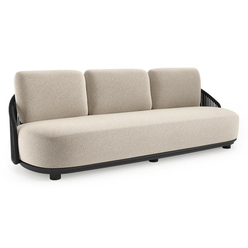 Canapé de jardin Vadelo en aluminium noir et corde ronde tissée verticalement noir et coussins en all weather cosytica marbella ecru
