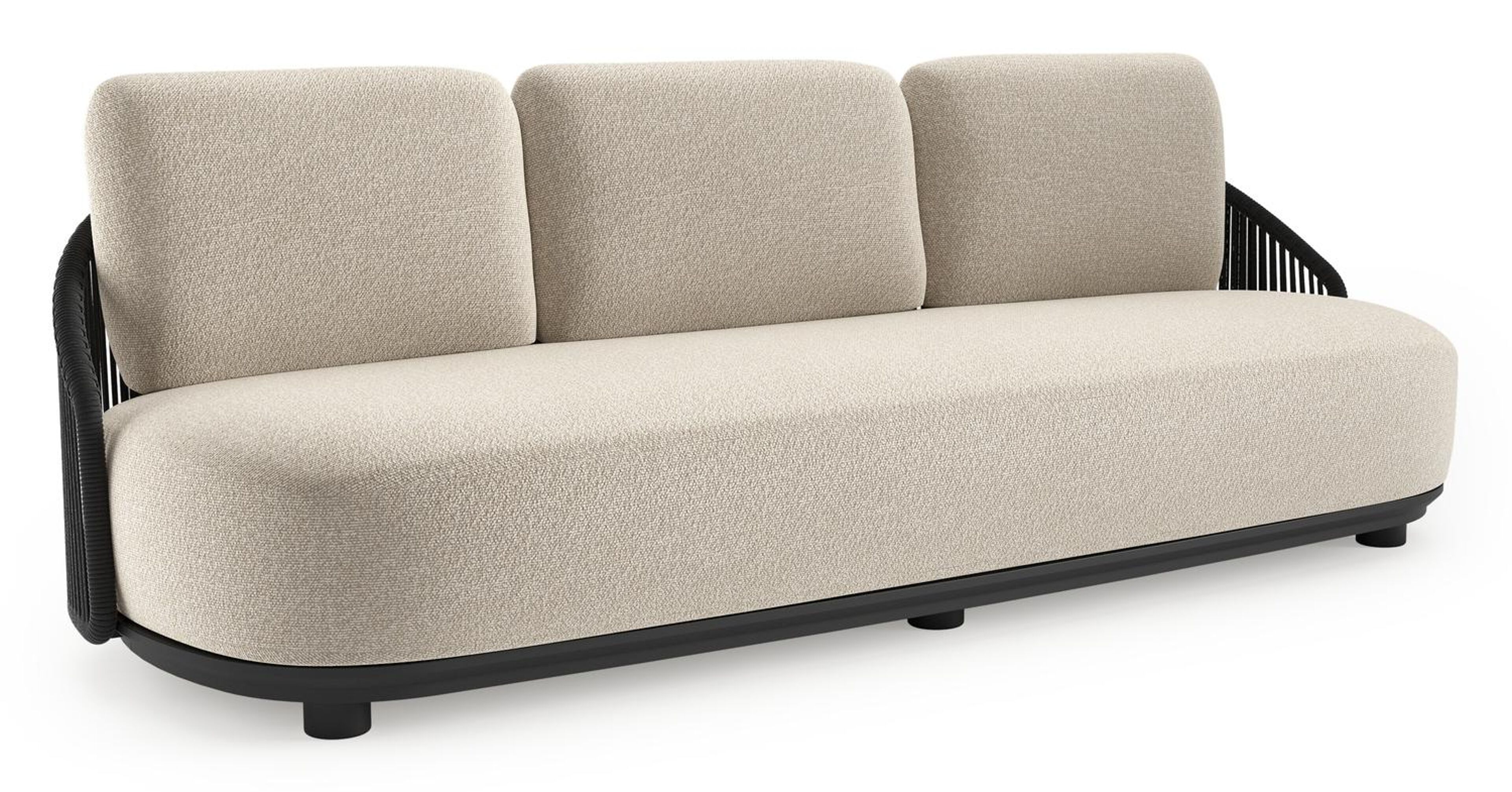 Canapé de jardin Vadelo en aluminium noir et corde ronde tissée verticalement noir et coussins en all weather cosytica marbella ecru