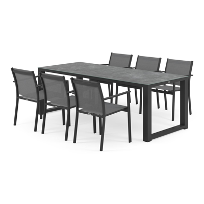 Ensemble de jardin Livo en aluminium noir avec plateau de table en céramique verre gris et 6 chaises de jardin empilables Bareto
