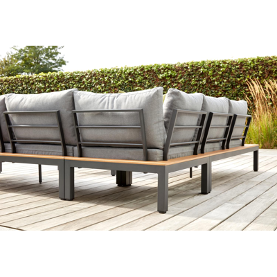 Salon de jardin d'angle Toma en aluminium noir et polywood avec coussin en gris polyester et table basse