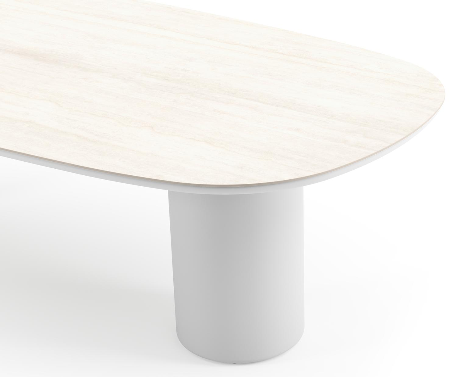 Table de jardin Amico bombo en aluminium blanc et céramique pleine Travertino Bianco - Lg. 270 x Lrg. 125 x Haut. 73.5 cm