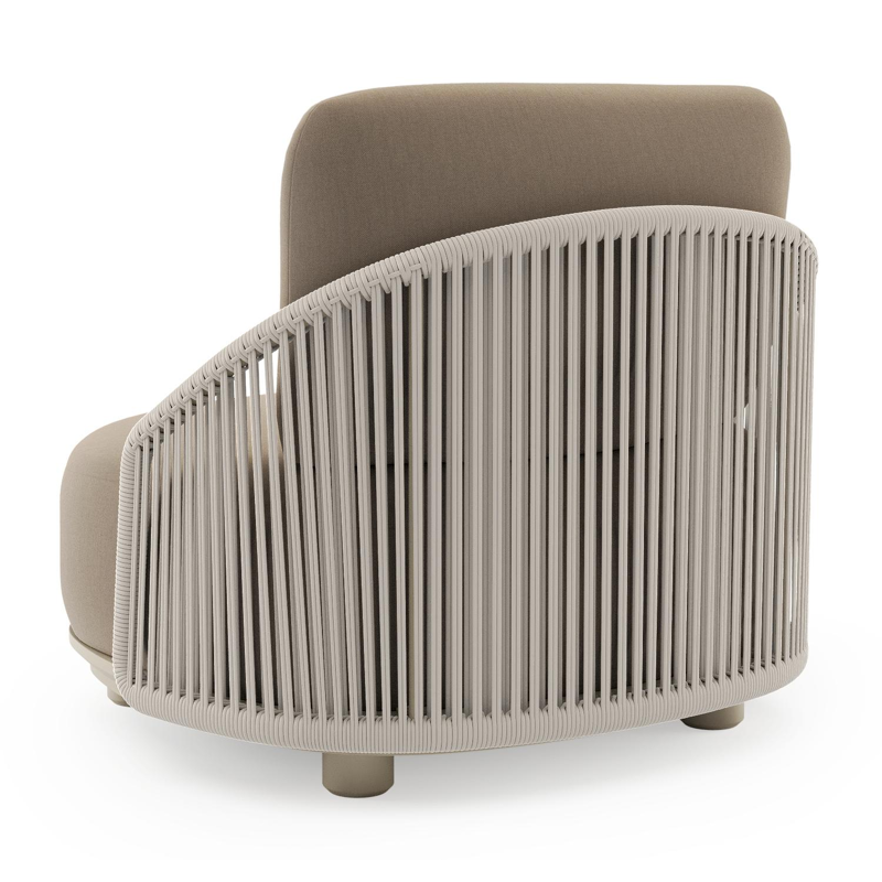 Fauteuil de jardin Vadelo en aluminium beige et corde ronde tissée verticalement beige et coussins en all weather sunbrella® luxe natte heather grey