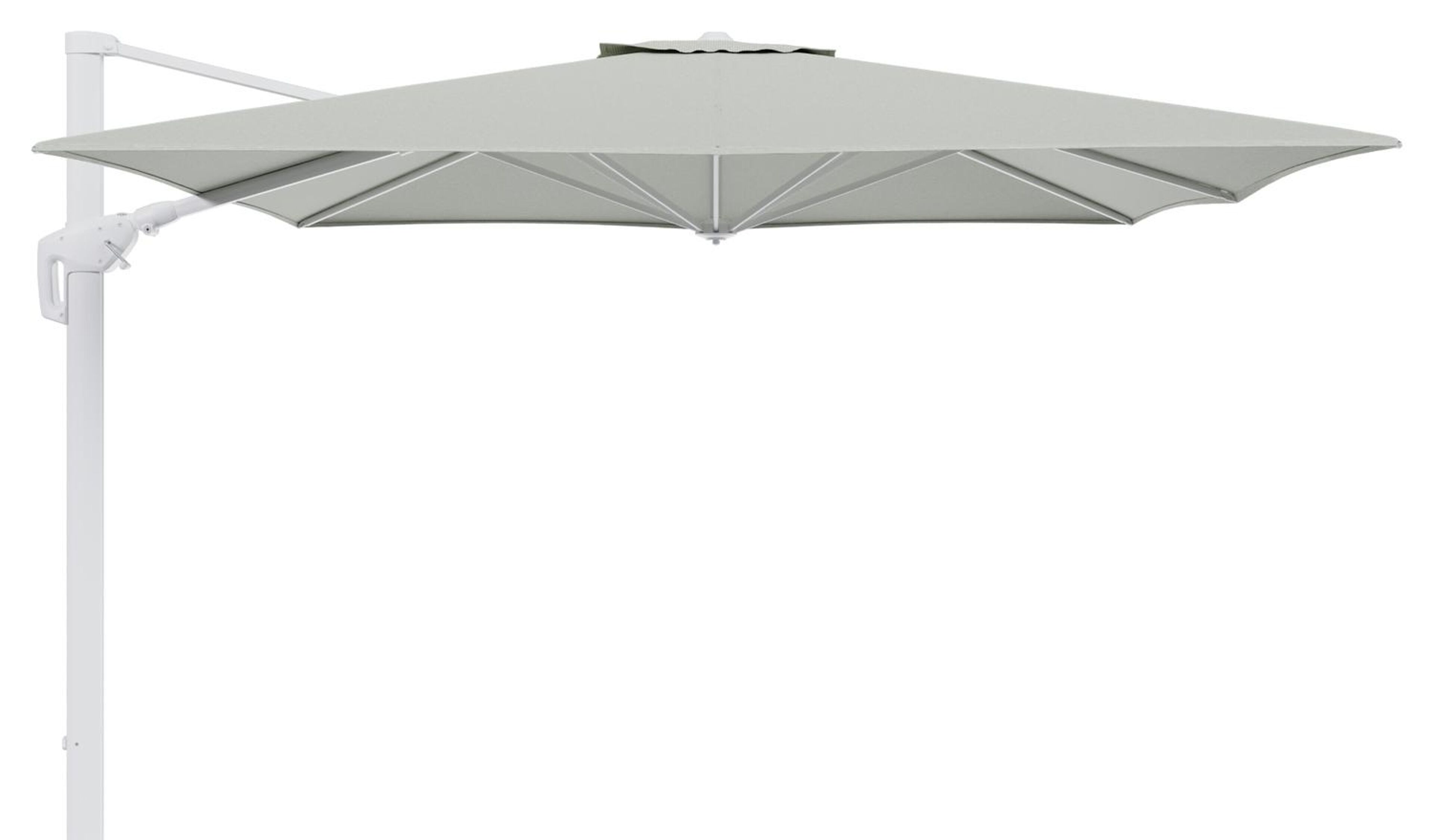 Minore zweefparasol tiltfunctie in wit aluminium en parasoldoek in All Weather Sunbrella® Luxe Slow Spirea  - L1 350 x L2: 350 cm (zonder voet) (zonder voet)