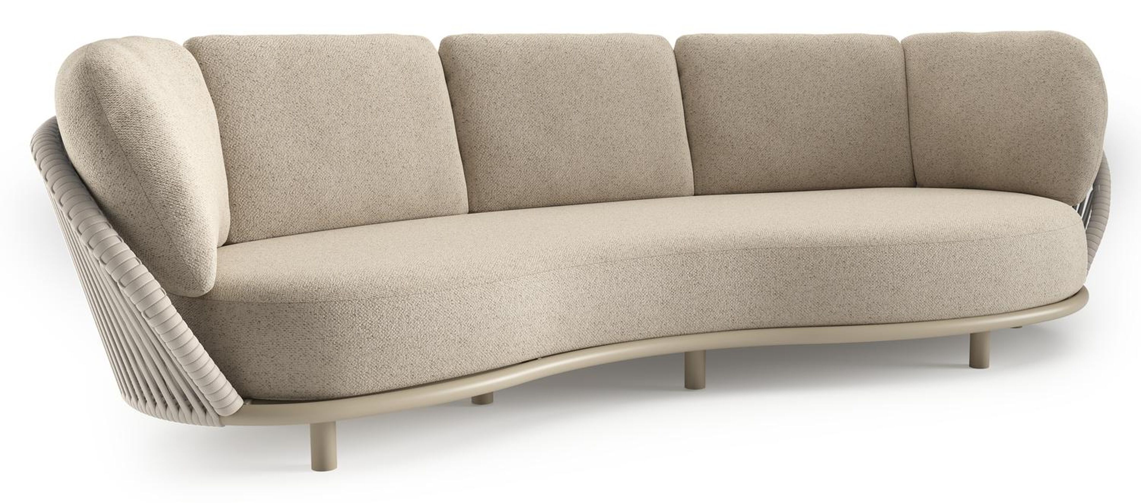 Lupino loungebank in beige aluminium en beige verticaal geweven luxe vlakke brede rope met bora desert all weather cosytica kussen