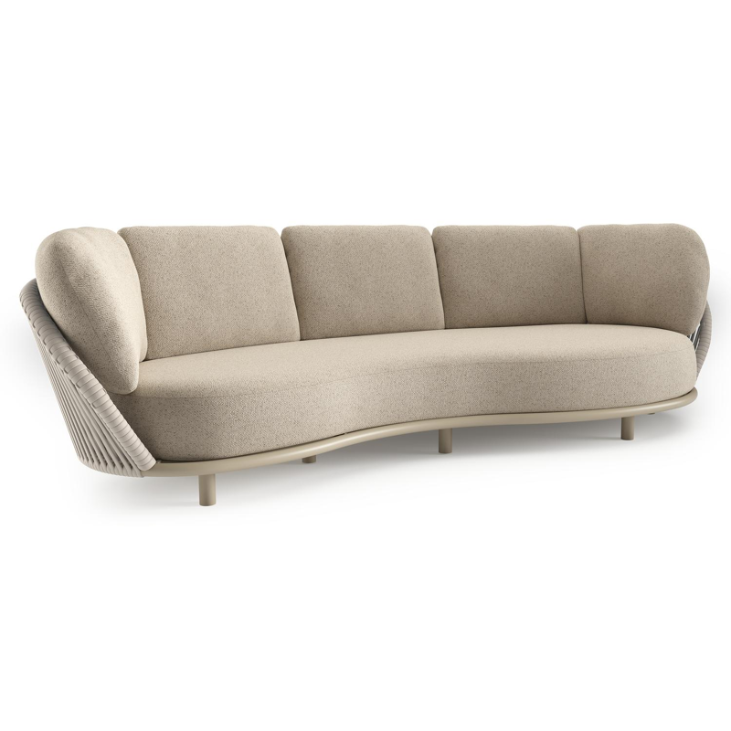 Lupino loungebank in beige aluminium en beige verticaal geweven luxe vlakke brede rope met bora desert all weather cosytica kussen