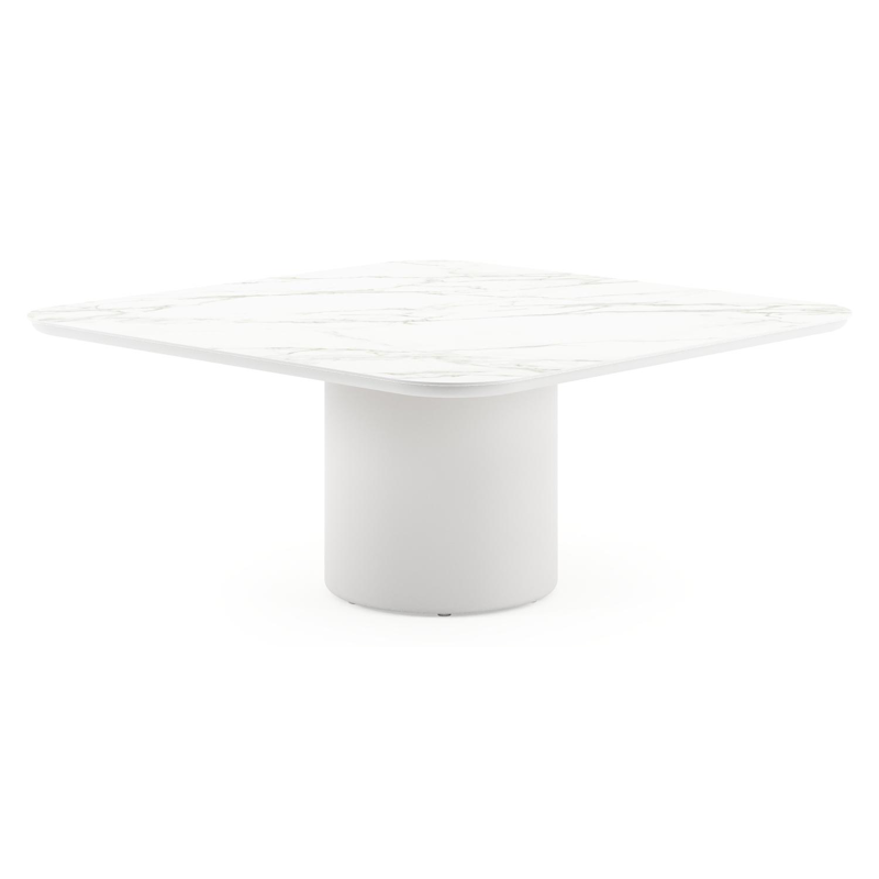 Amico low dining tuintafel afgerond vierkant in wit aluminium en volkeramiek Calacatta - L 148 x B 148 x H 61 cm