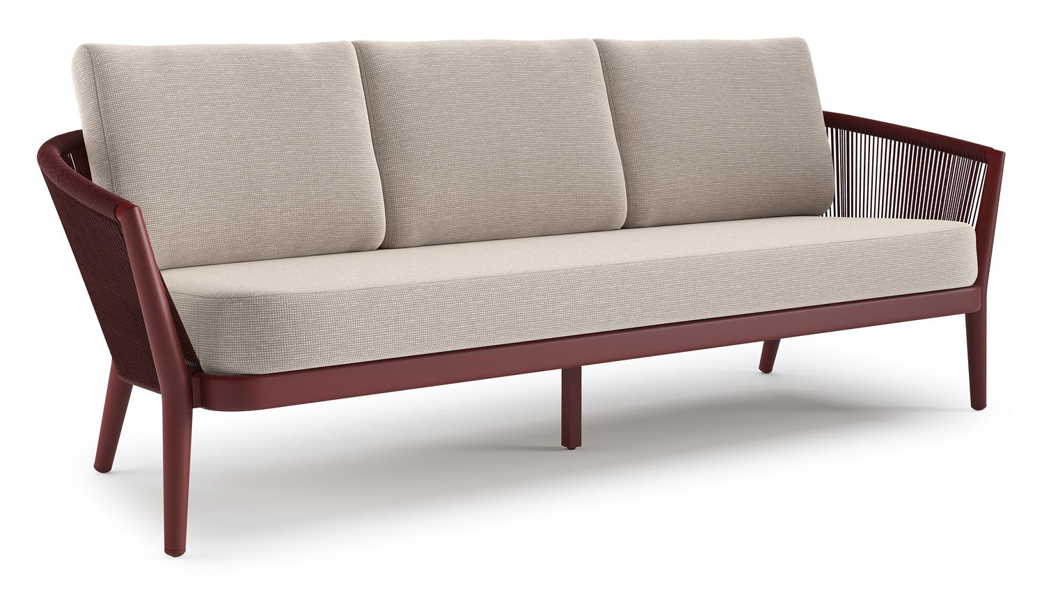 Canapé de jardin Orso en aluminium ruby en corde ronde tissée verticalement ruby et coussins en all weather sunbrella® luxe Slow Farafra