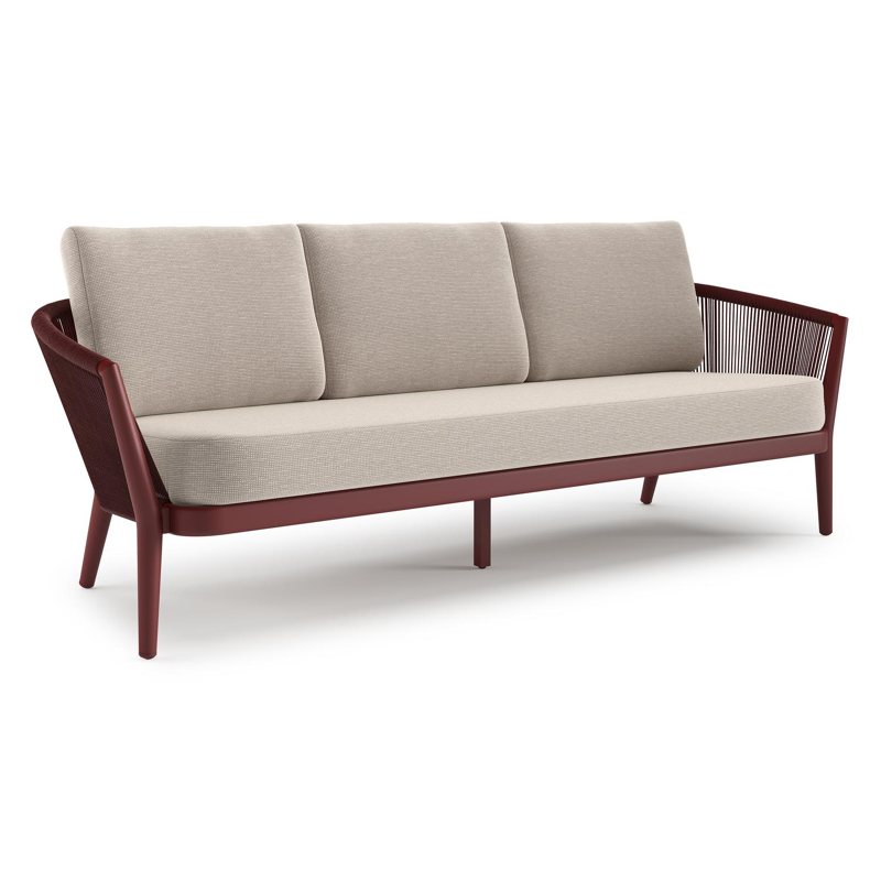 Orso loungebank in ruby aluminium en ruby verticaal geweven ronde rope met Slow Farafra all weather sunbrella® luxe kussen