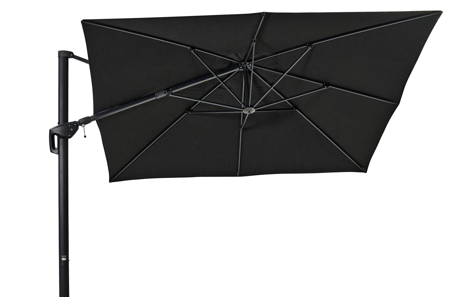 Minore zweefparasol met tiltfunctie in zwart aluminium met zwart sunbrella® premium parasoldoek - L1 350 x L2 350 cm (zonder voet)