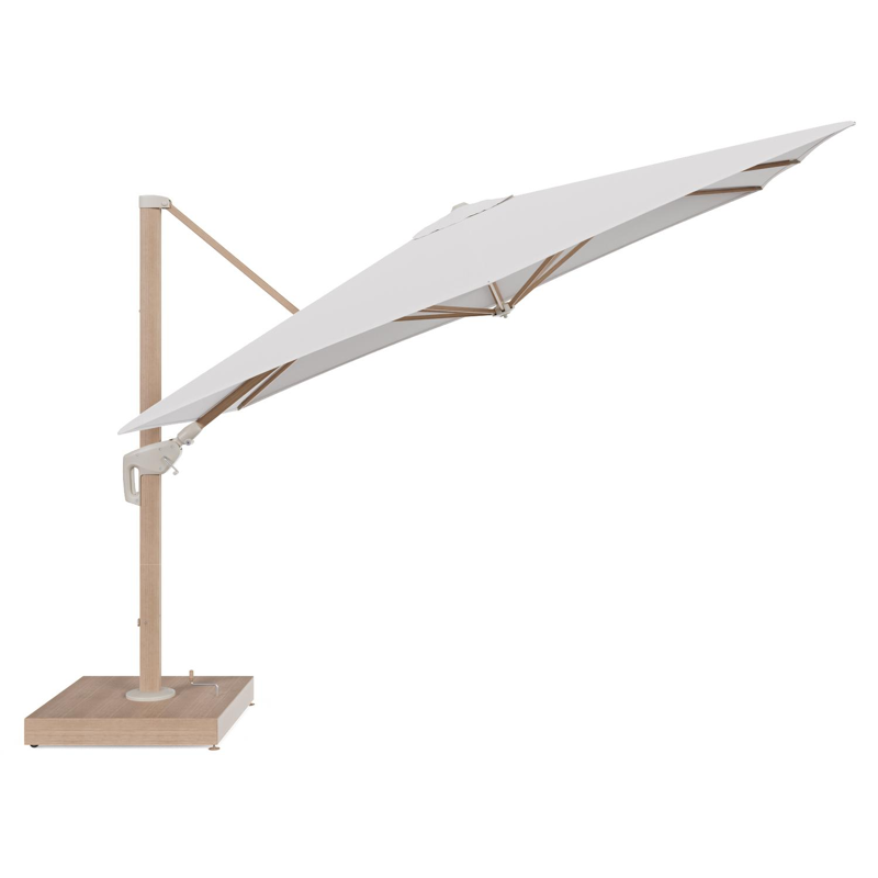 Minore zweefparasol met tiltfunctie in houtlook aluminium en Ego Eggshell All Weather Solica parasoldoek - L1 280 x L2 370 cm met parasolvoet Minore 260 kg met wielen