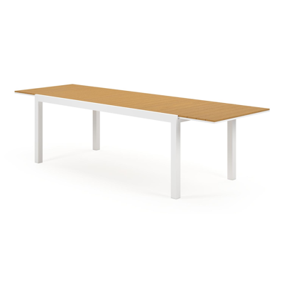 Ensemble de jardin Oviedo avec table extensible en aluminium blanc avec plateau de table en polywood naturel et 8 chaises de jardin empilables Bahia