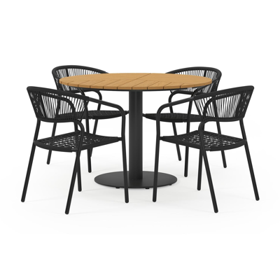 Lagos tuinset in zwart aluminium en naturel polywood tafelblad met 4 stapelbare Vigo tuinstoelen