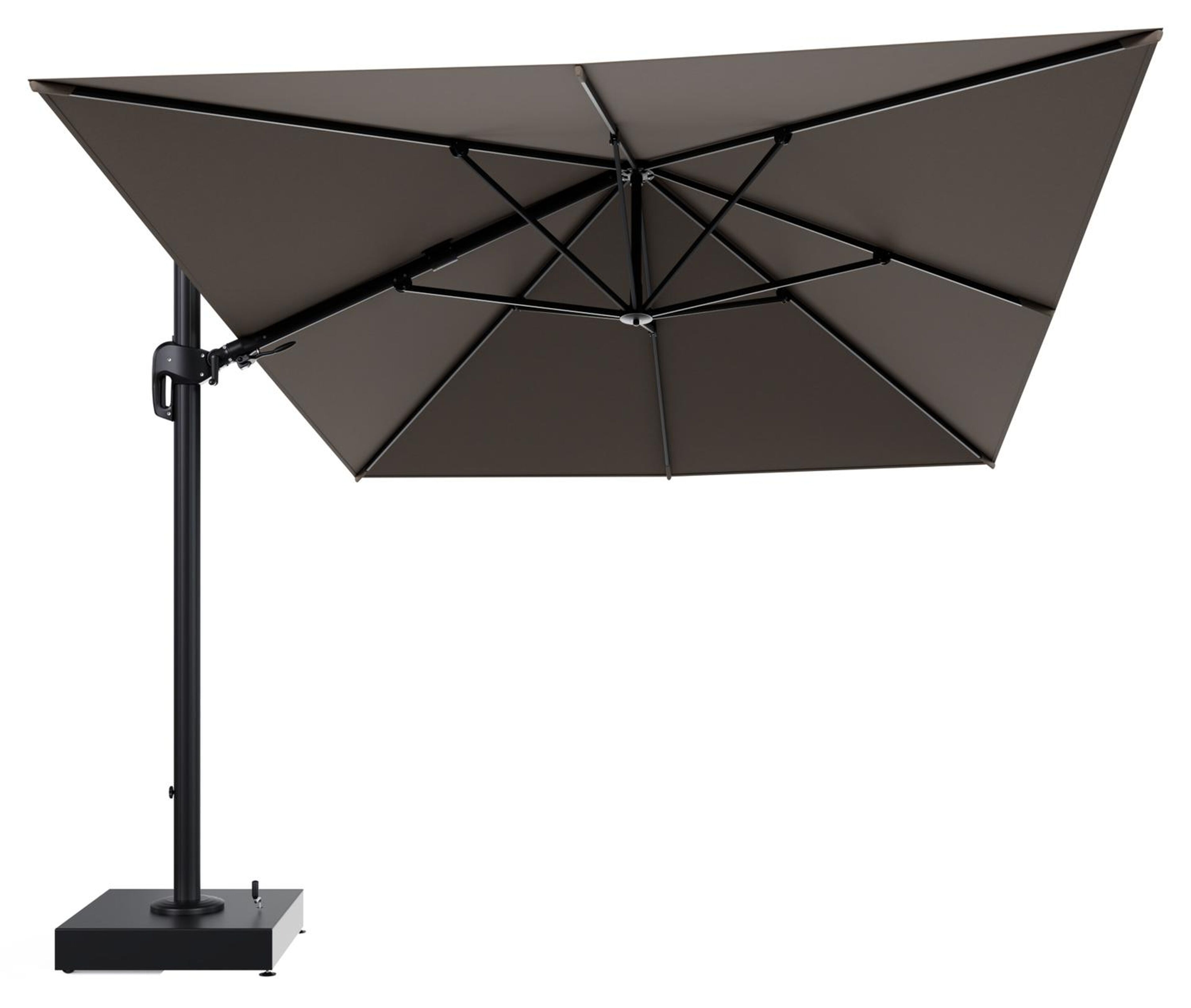 Parasol pendant Rufina tilt en aluminium noir et toile All Weather Sunbrella® Luxe Natte Heather Grey - Lg.1 400 x Lg.2 300 cm avec pied de parasol Minore 150 kg avec roulettes
