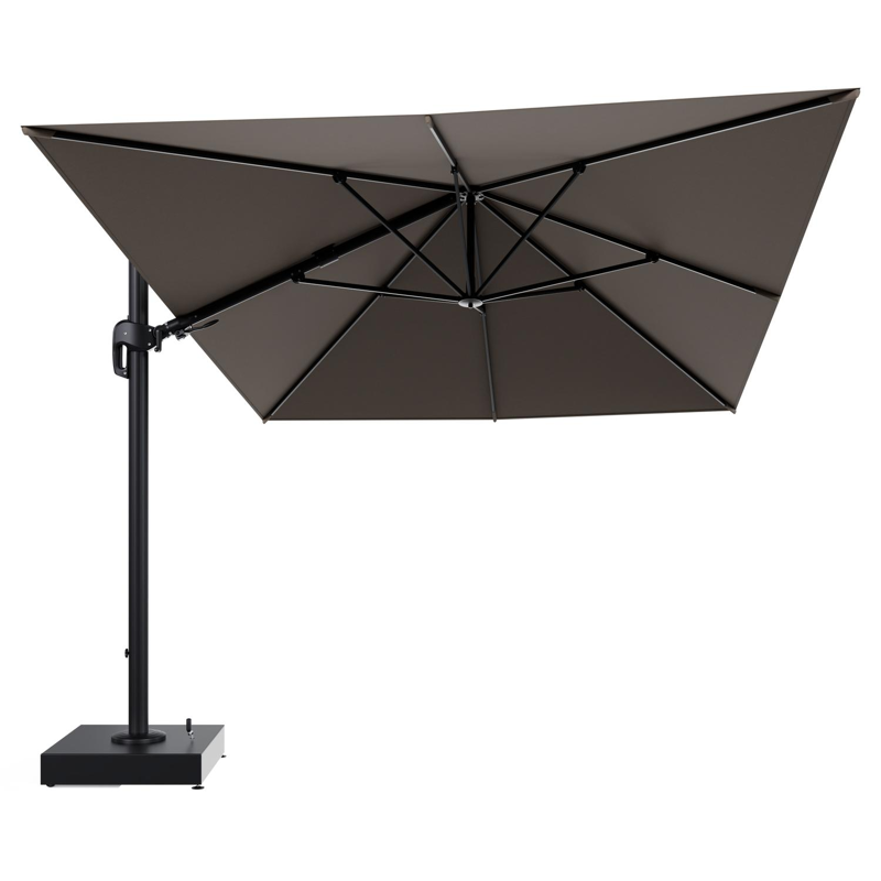 Rufina zweefparasol met tiltfunctie in zwart aluminium en Natte Heather Grey All Weather Sunbrella® Luxe parasoldoek - L1 400 x L2 300 cm met parasolvoet Minore 150 kg met wielen