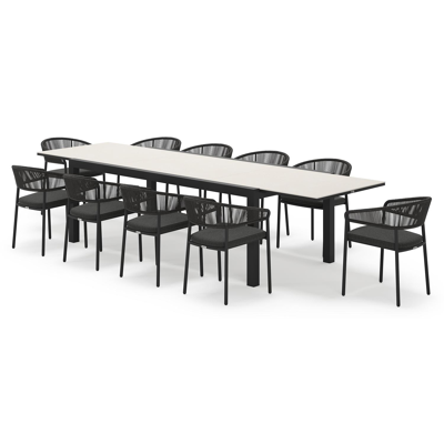 Calobra rechthoekige uitschuifbare tuinset in zwart aluminium en sintered stone crema minerale met 10 Zamora tuinstoelen