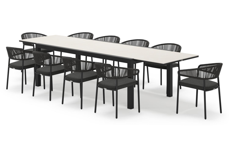 Calobra rechthoekige uitschuifbare tuinset in zwart aluminium en sintered stone crema minerale met 10 Zamora tuinstoelen