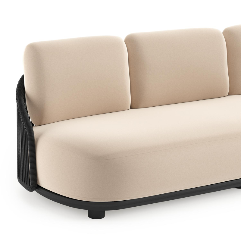 Canapé de jardin Vadelo en aluminium noir et corde ronde tissée verticalement noir et coussins en all weather sunbrella® luxe natte linen chalk