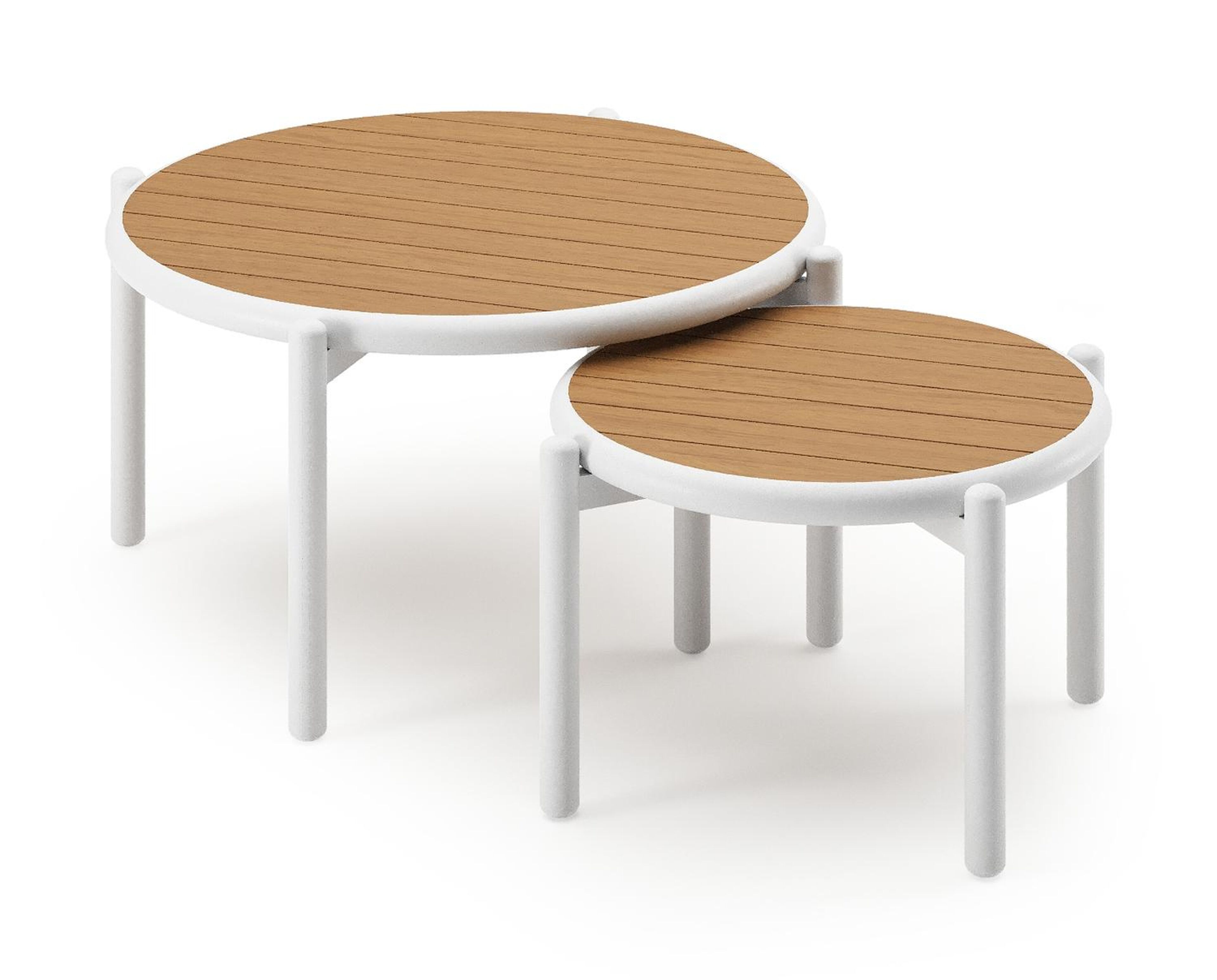Tables basses Pulo en blanc aluminium et polywood - Diam. 70 - 50 x Haut. 37.5 - Table 1 : Dia. 70 x Haut. 38 cm / Table 2 : Dia. 50 x Haut. 33 cm