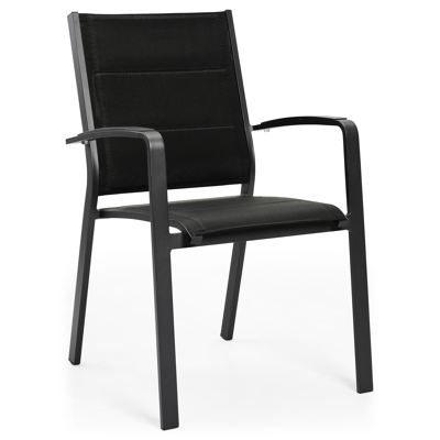Lioni stapelbare tuinstoel in zwart aluminium en zwart comfort textilene