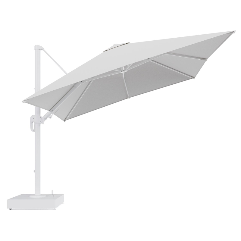 Rufina zweefparasol met tiltfunctie in wit aluminium en Ego Birch All Weather Solica parasoldoek - L1 300 x L2 300 cm met parasolvoet Minore 150 kg met wielen