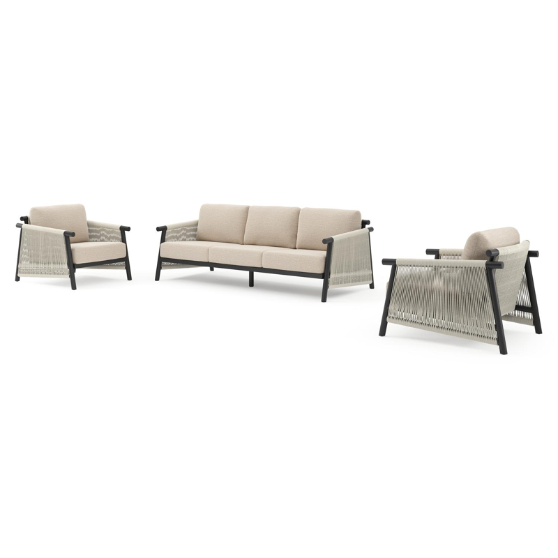 Erla loungeset in zwart verticaal geweven ronde rope en beige verticaal geweven ronde rope met rustic weather+ softtouch kussen