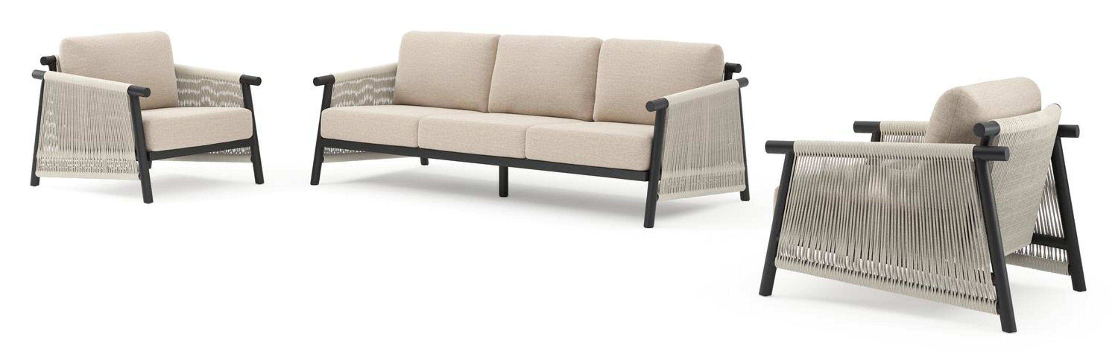 Salon de jardin Erla en aluminium noir et corde ronde tissée verticalement beige et coussins en weather+ softtouch rustic