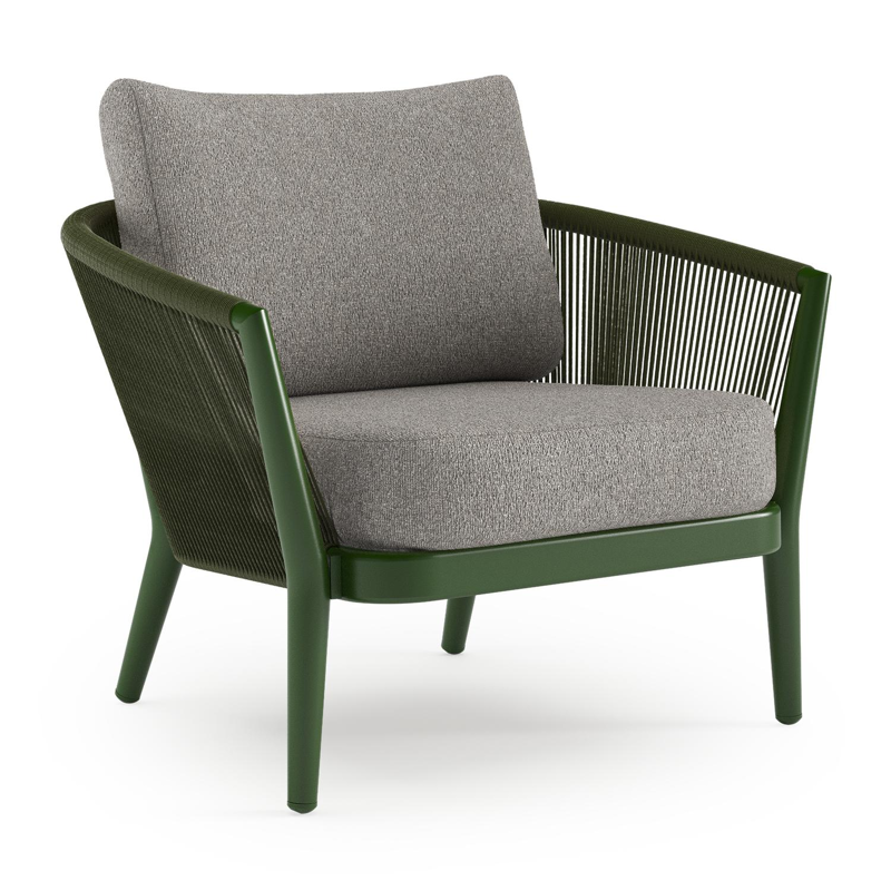 Orso loungestoel in groen aluminium en groen verticaal geweven ronde rope met Tundra Charcoal all weather sunbrella® luxe kussen