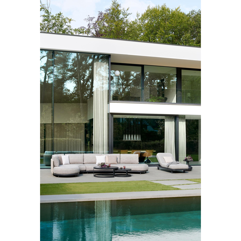 Salon de jardin d'angle Lomano en aluminium noir et corde luxe plate tissée verticalement beige et coussins en all weather solica Firenze Bamboe