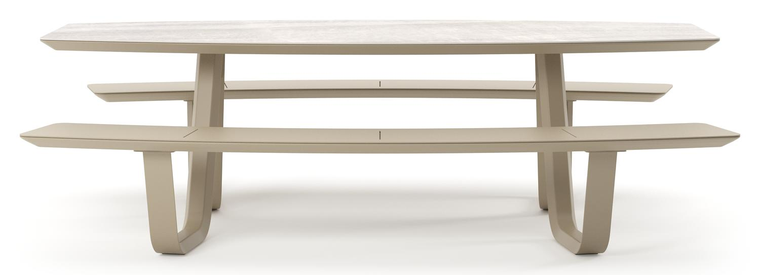 Table de pique-nique Forno forme de bateau en aluminium beige et céramique pleine Taj Mahal - Lg. 240 x Lrg. 181 x Haut. 72 cm