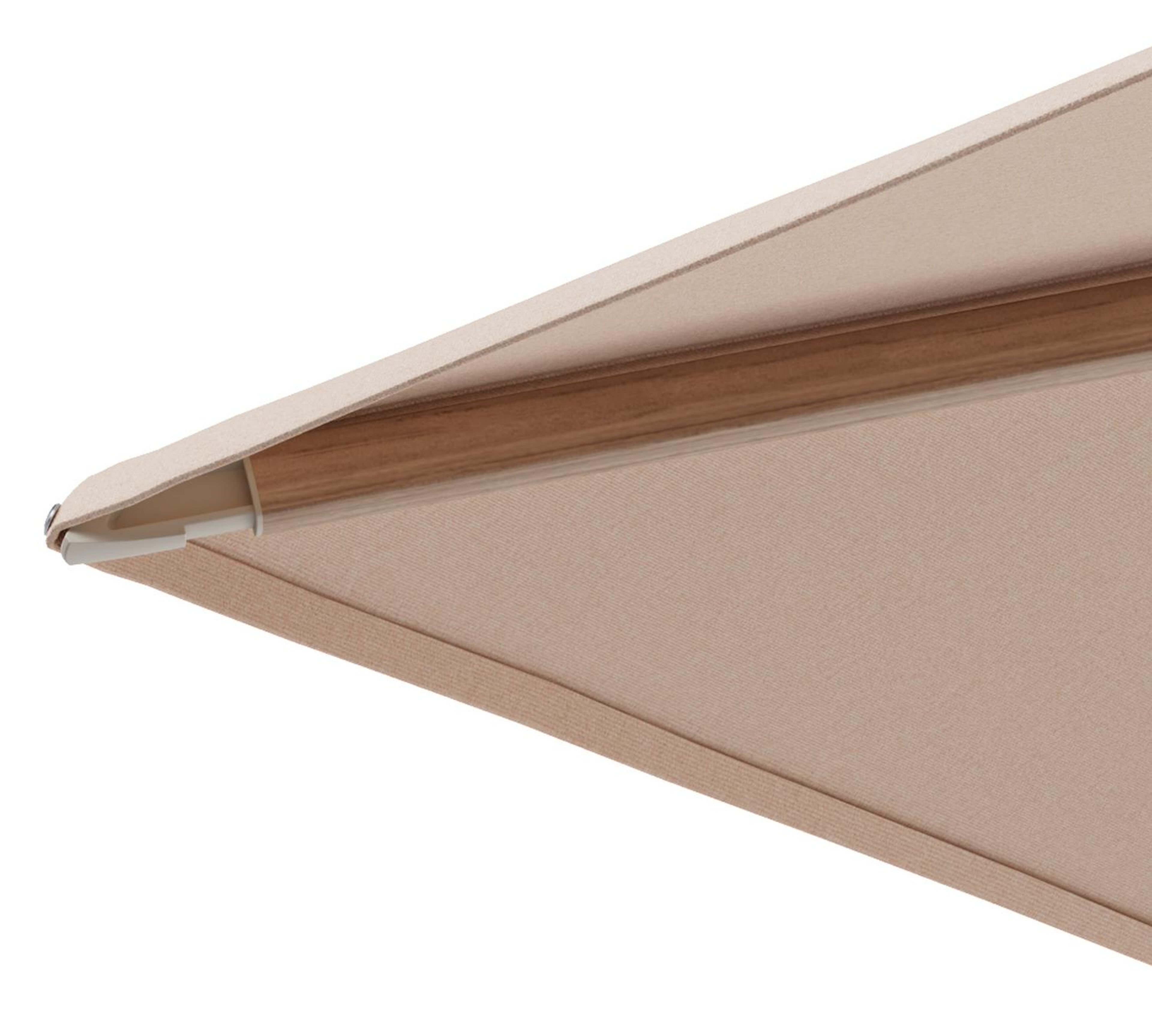 Minore zweefparasol met tiltfunctie in houtlook aluminium en Natte Linen Chalk All Weather Sunbrella® Luxe parasoldoek - L1 350 x L2 350 cm met parasolvoet Minore 260 kg met wielen