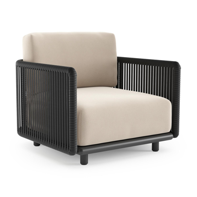 Organo loungestoel in zwart aluminium en zwart verticaal geweven luxe vlakke rope met lopi antique all weather Sunbrella® luxe kussen